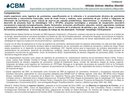 Confidencial Mileida Dolores Medina Montiel es Consultor de CBM Ingeniería, Exploración y Producción, empresa mexicana de consultoría técnica en el ámbito.