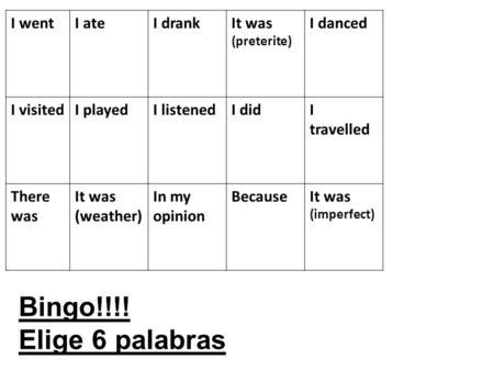 Bingo!!!! Elige 6 palabras I went I ate I drank It was (preterite)
