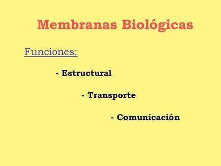 Membranas Biológicas Funciones: - Estructural - Transporte - Comunicación.