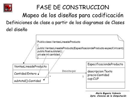 María Eugenia Valencia Dpto. Ciencias de la Computación FASE DE CONSTRUCCION Mapeo de los diseños para codificación Definiciones de clase a partir de los.