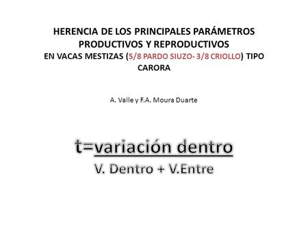 HERENCIA DE LOS PRINCIPALES PARÁMETROS PRODUCTIVOS Y REPRODUCTIVOS EN VACAS MESTIZAS ( 5/8 PARDO SIUZO- 3/8 CRIOLLO ) TIPO CARORA A. Valle y F.A. Moura.