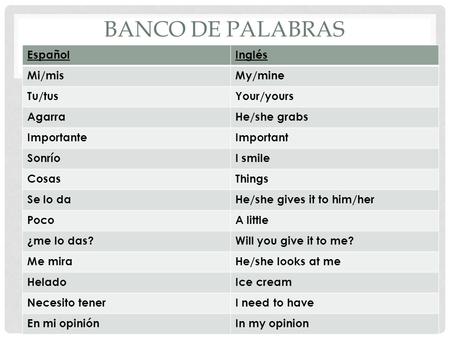 Banco de palabras Español Inglés Mi/mis My/mine Tu/tus Your/yours