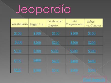 Vocabulario Jugar + a Verbos de Zapato Las Comparaciones Saber vs. Conocer $100 $200 $300 $400 $500 $100 $200 $300 $400 $500 Final Jeopardy.