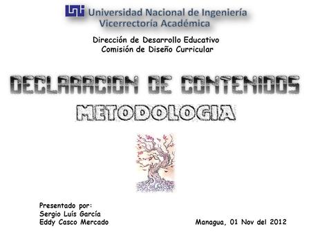 Managua, 01 Nov del 2012 Presentado por: Sergio Luís García Eddy Casco Mercado Dirección de Desarrollo Educativo Comisión de Diseño Curricular.
