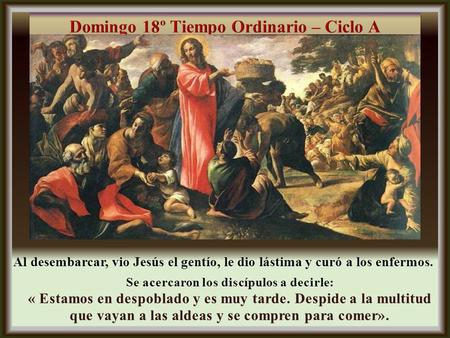 Al desembarcar, vio Jesús el gentío, le dio lástima y curó a los enfermos. Se acercaron los discípulos a decirle: « Estamos en despoblado y es muy tarde.