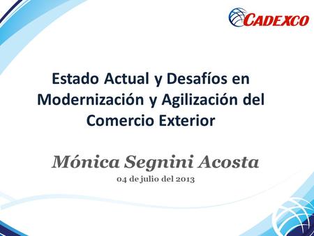Estado Actual y Desafíos en Modernización y Agilización del Comercio Exterior Mónica Segnini Acosta 04 de julio del 2013.