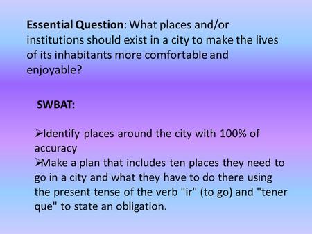 Essential Question: What places and/or institutions should exist in a city to make the lives of its inhabitants more comfortable and enjoyable? SWBAT: