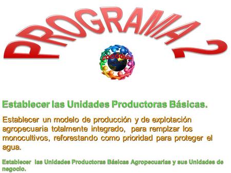 Establecer un modelo de producción y de explotación agropecuaria totalmente integrado, para remplzar los monocultivos, reforestando como prioridad para.