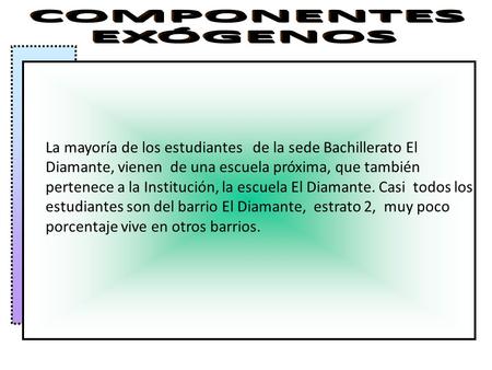 DIAGNOSTICO La mayoría de los estudiantes de la sede Bachillerato El Diamante, vienen de una escuela próxima, que también pertenece a la Institución, la.