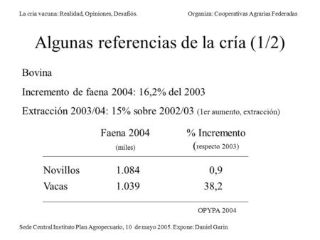 Algunas referencias de la cría (1/2) Bovina Incremento de faena 2004: 16,2% del 2003 Extracción 2003/04: 15% sobre 2002/03 (1er aumento, extracción) Novillos.