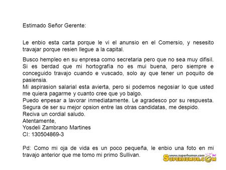 Estimado Señor Gerente: Le enbio esta carta porque le vi el anunsio en el Comersio, y nesesito travajar porque resien llegue a la capital. Busco hempleo.