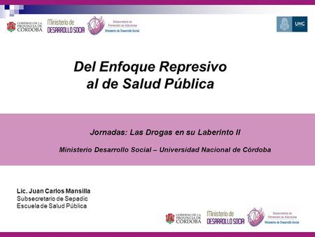 Lic. Juan Carlos Mansilla Subsecretario de Sepadic Escuela de Salud Pública Del Enfoque Represivo al de Salud Pública Jornadas: Las Drogas en su Laberinto.