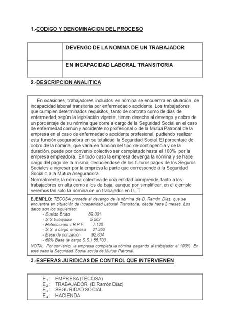 1.-CODIGO Y DENOMINACION DEL PROCESO DEVENGO DE LA NOMINA DE UN TRABAJADOR EN INCAPACIDAD LABORAL TRANSITORIA 2.-DESCRIPCION ANALITICA En ocasiones, trabajadores.