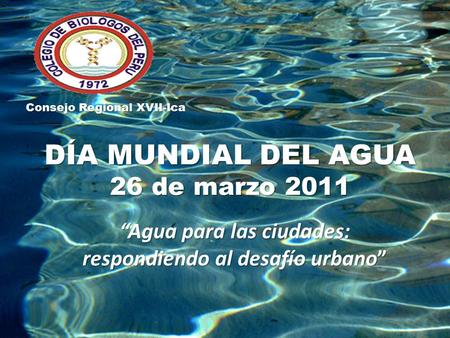 DÍA MUNDIAL DEL AGUA 26 de marzo 2011 “Agua para las ciudades: respondiendo al desafío urbano” Consejo Regional XVII-Ica.