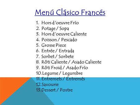 Menú Clásico Francés Hors d'oeuvre Frío Potage / Sopa