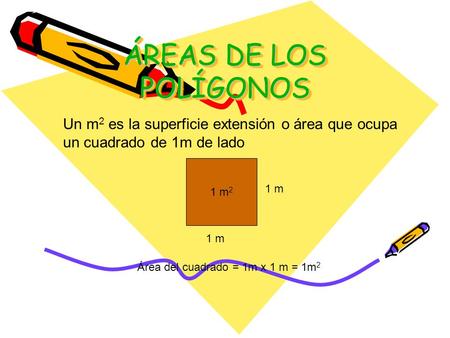 ÁREAS DE LOS POLÍGONOS Un m2 es la superficie extensión o área que ocupa un cuadrado de 1m de lado 1 m2 1 m 1 m Área del cuadrado = 1m x 1 m = 1m2.