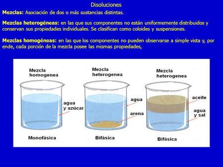 Disoluciones Mezclas: Asociación de dos o más sustancias distintas.