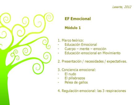 EF Emocional Módulo 1 1. Marco teórico: - -Educación Emocional - -Cuerpo – mente – emoción - -Educación emocional en Movimiento 2. Presentación / necesidades.