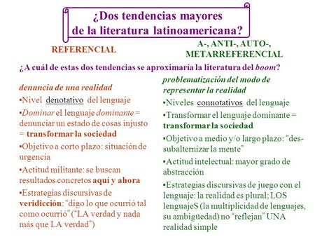¿Dos tendencias mayores de la literatura latinoamericana? REFERENCIAL T¿Cuáestimonial: denuncia de una realidad Nivel denotativo del lenguajedenotativo.