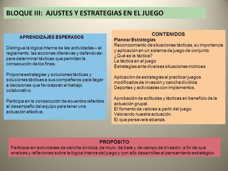 BLOQUE III: AJUSTES Y ESTRATEGIAS EN EL JUEGO