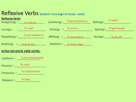 Reflexive Verbs (bottom front page of Vocab. notes) Reflexive Verbs Despertarse = _________________ Levantarse=___________________ Bañarse=__________________.