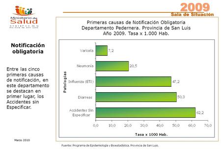 2009 Sala de Situación Sala de Situación Marzo 2010 Fuente: Programa de Epidemiología y Bioestadística. Provincia de San Luis. Primeras causas de Notificación.