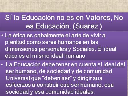 Sí la Educación no es en Valores, No es Educación. (Suarez ) La ética es cabalmente el arte de vivir a plenitud como seres humanos en las dimensiones personales.