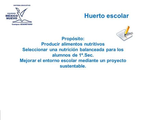 Huerto escolar Propósito: Producir alimentos nutritivos