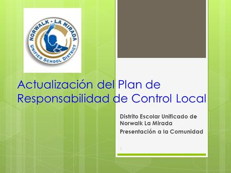 Actualización del Plan de Responsabilidad de Control Local Distrito Escolar Unificado de Norwalk La Mirada Presentación a la Comunidad 1.
