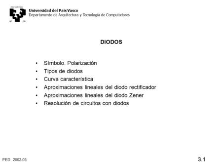 PED 2002-03 3.1 DIODOS Símbolo. Polarización Tipos de diodos Curva característica Aproximaciones lineales del diodo rectificador Aproximaciones lineales.