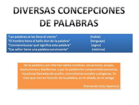 “Las palabras se las lleva el viento” (habla) “El hombre tiene el bello don de la palabra” (lenguaje) “Conviene buscar qué significa esta palabra” (signo)