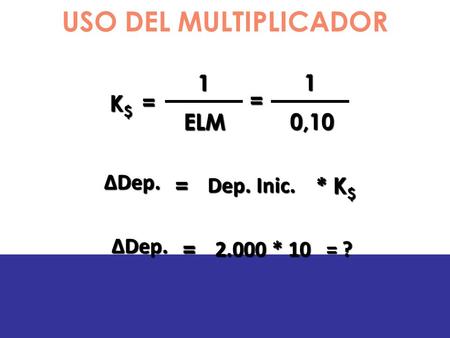 USO DEL MULTIPLICADOR K$K$K$K$ = ELM 1 ∆Dep. * K $ = Dep. Inic. 0,10 1 = ∆Dep. = 2.000 * 10 = ?