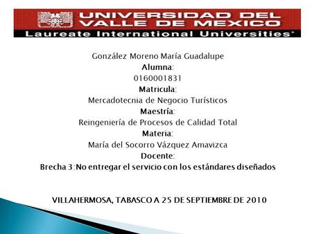 González Moreno María Guadalupe Alumna: 0160001831 Matricula: Mercadotecnia de Negocio Turísticos Maestría: Reingeniería de Procesos de Calidad Total Materia: