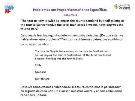 Problemas con Proporciones Menos Específicas Problema 3 The tour to Italy is twice as long as the tour to Scotland but half as long as the tour to Switzerland.