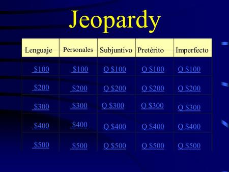 Jeopardy Lenguaje Personales SubjuntivoPretérito Imperfecto $100 $200 $300 $400 $500 $100Q $100 $200Q $200 $300Q $300 $400 Q $400 $500Q $500.