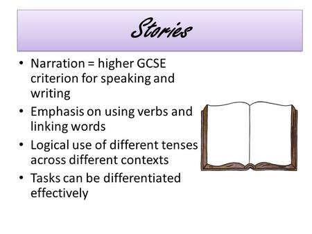 Narration = higher GCSE criterion for speaking and writing Emphasis on using verbs and linking words Logical use of different tenses across different contexts.