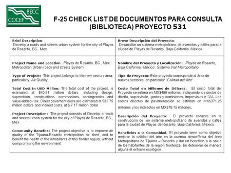 F-25 CHECK LIST DE DOCUMENTOS PARA CONSULTA (BIBLIOTECA) PROYECTO 531 Brief Description: Develop a roads and streets urban system for the city of Playas.