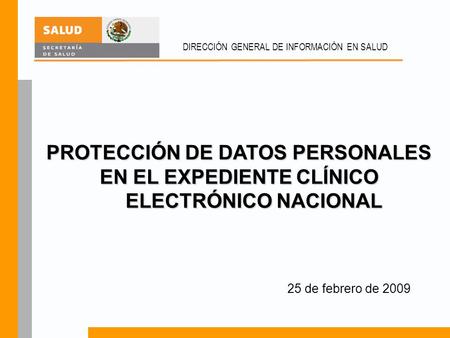 DIRECCIÓN GENERAL DE INFORMACIÓN EN SALUD PROTECCIÓN DE DATOS PERSONALES EN EL EXPEDIENTE CLÍNICO ELECTRÓNICO NACIONAL 25 de febrero de 2009.