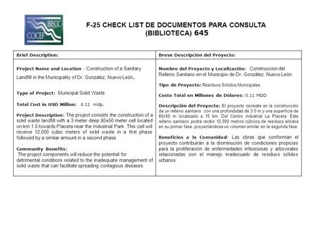 F-25 CHECK LIST DE DOCUMENTOS PARA CONSULTA (BIBLIOTECA) 645 Brief Description:Breve Descripción del Proyecto: Project Name and Location : Construction.