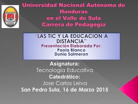 Asignatura: Tecnología Educativa Catedrático: Jose Carlos Leiva San Pedro Sula, 16 de Marzo 2015.