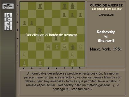 CURSO DE AJEDREZ “ Las piezas sobre la mesa “ CAPITULO III Reshevsky vs Shainswit Nueva York, 1951 8 7 6 5 4 3 2 1 abcdef gh Un formidable desenlace se.