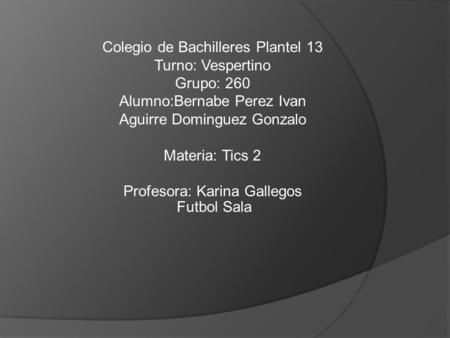 Colegio de Bachilleres Plantel 13 Turno: Vespertino Grupo: 260 Alumno:Bernabe Perez Ivan Aguirre Dominguez Gonzalo Materia: Tics 2 Profesora: Karina Gallegos.
