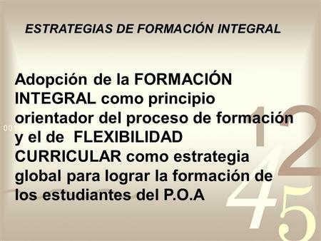 ESTRATEGIAS DE FORMACIÓN INTEGRAL Adopción de la FORMACIÓN INTEGRAL como principio orientador del proceso de formación y el de FLEXIBILIDAD CURRICULAR.