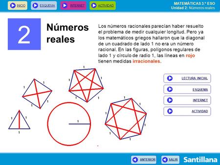 2 Números reales Los números racionales parecían haber resuelto el problema de medir cualquier longitud. Pero ya los matemáticos griegos hallaron que la.
