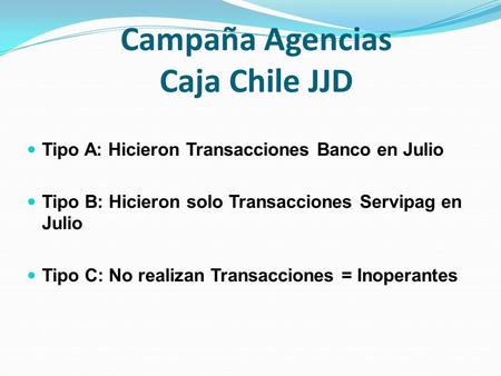 Campaña Agencias Caja Chile JJD Tipo A: Hicieron Transacciones Banco en Julio Tipo B: Hicieron solo Transacciones Servipag en Julio Tipo C: No realizan.