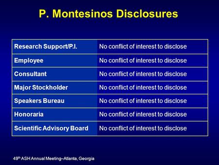 P. Montesinos Disclosures 49 th ASH Annual Meeting–Atlanta, Georgia Research Support/P.I.No conflict of interest to disclose EmployeeNo conflict of interest.