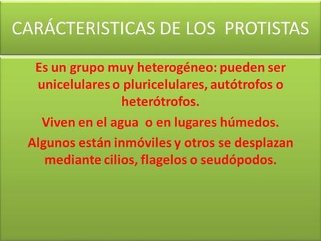 CARÁCTERISTICAS DE LOS PROTISTAS Es un grupo muy heterogéneo: pueden ser unicelulares o pluricelulares, autótrofos o heterótrofos. Viven en el agua o en.