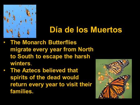 Día de los Muertos The Monarch Butterflies migrate every year from North to South to escape the harsh winters. The Aztecs believed that spirits of the.