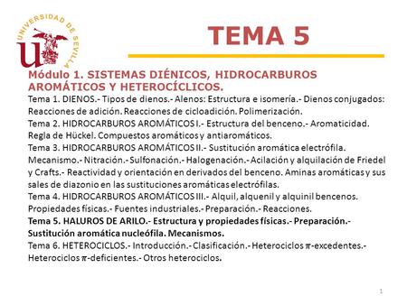 Módulo 1. SISTEMAS DIÉNICOS, HIDROCARBUROS AROMÁTICOS Y HETEROCÍCLICOS. Tema 1. DIENOS.- Tipos de dienos.- Alenos: Estructura e isomería.- Dienos conjugados: