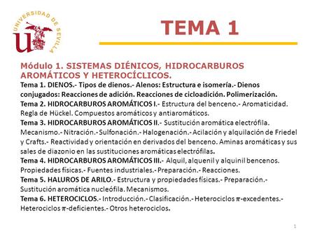 TEMA 1 Módulo 1. SISTEMAS DIÉNICOS, HIDROCARBUROS AROMÁTICOS Y HETEROCÍCLICOS. Tema 1. DIENOS.- Tipos de dienos.- Alenos: Estructura e isomería.- Dienos.